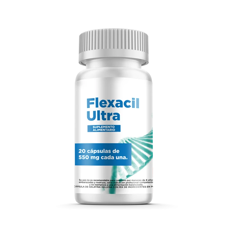 Frasco de Flexacil Ultra con 20 cápsulas de colágeno, cúrcuma y cartílago de tiburón para las articulaciones