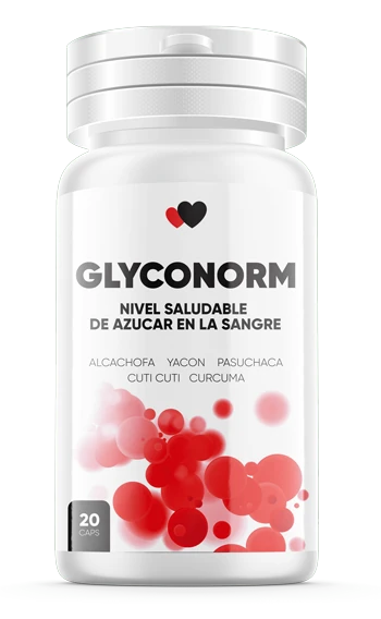 Frasco de Glyconorm con 20 cápsulas de canela y cromo para el control de la glucosa