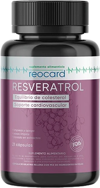 Frasco de Reocard con 21 cápsulas de resveratrol para el equilibrio del colesterol