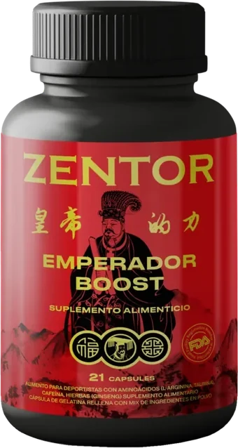 Frasco de Zentor Emperador Boost con 21 cápsulas de ginseng, L-arginina y taurina